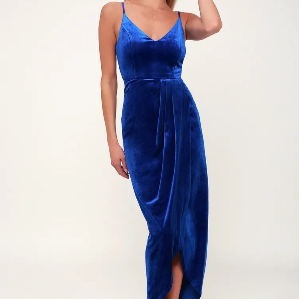 Lulu’s Champagne Kisses Royal Blue Velvet Midi Dress, SMALL